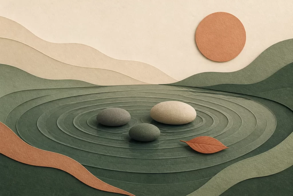 Mindfulness farkındalığını simgeleyen su halkaları, taşlar, yaprak ve güneş