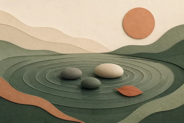 Mindfulness farkındalığını simgeleyen su halkaları, taşlar, yaprak ve güneş