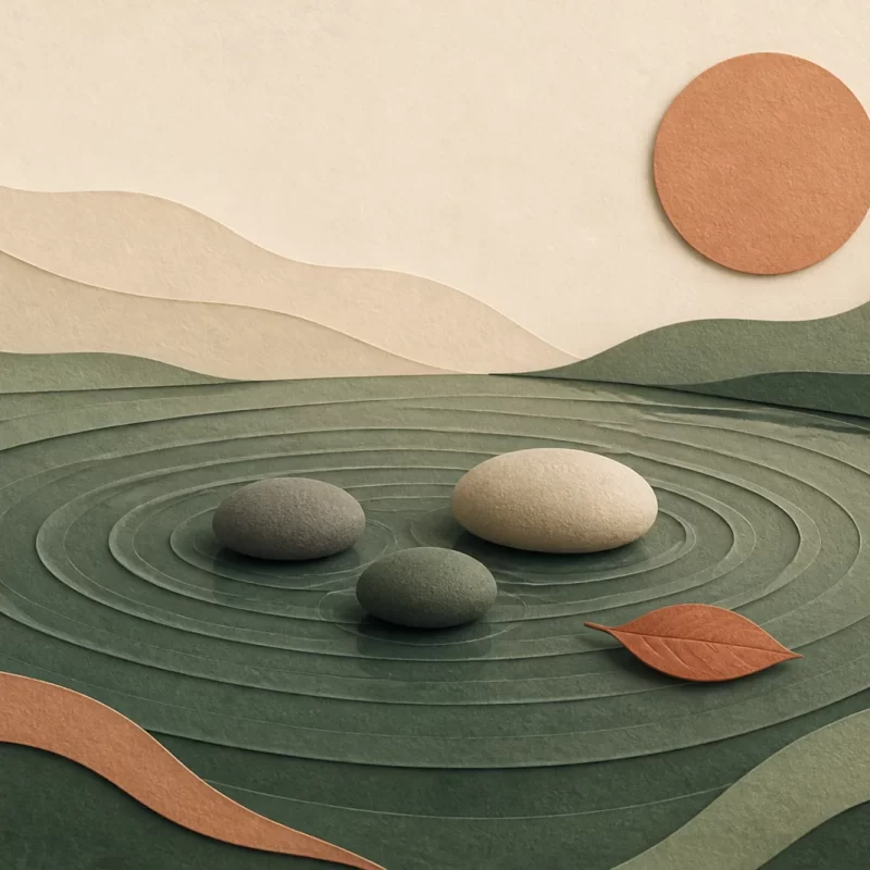 Mindfulness farkındalığını simgeleyen su halkaları, taşlar, yaprak ve güneş